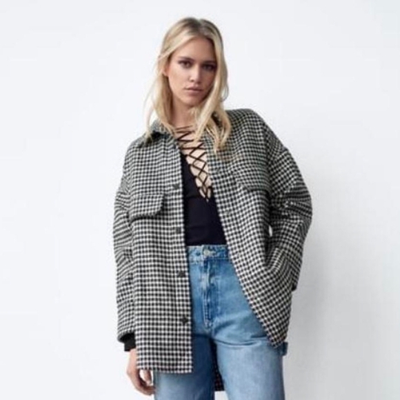 Joie Houndstooth Button Down Women's Boho Casual Shacket Black White Size 1X - Picture 2 of 16